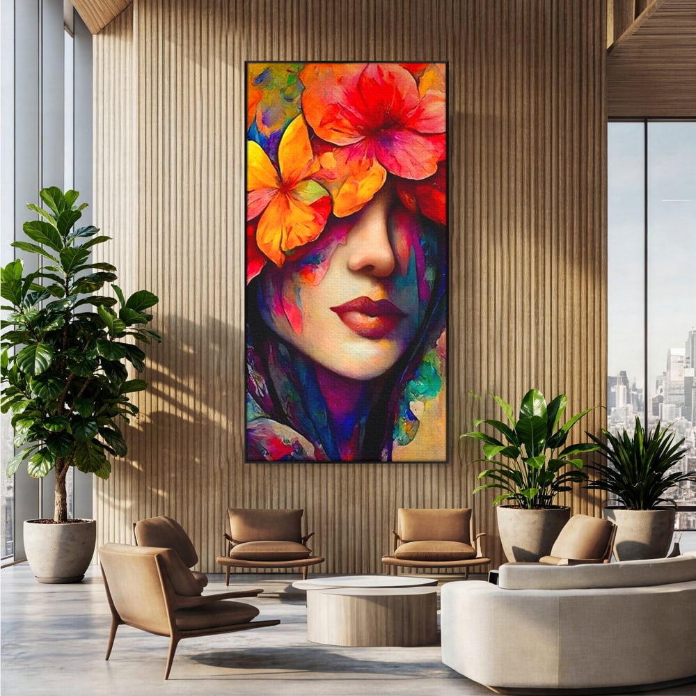 Tablou canvas cu tablou canvas cu portret feminin si flori, in rama de aluminiu negru, pe perete intr-un birou